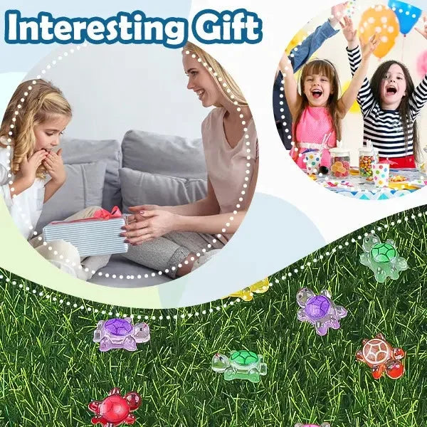 Children using colorful glow-in-the-dark mini turtles for fairy garden crafts