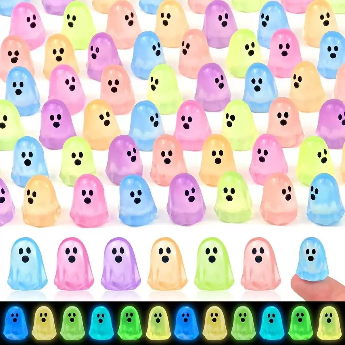 Assorted pastel glow-in-the-dark mini resin ghost figurines in seven colors