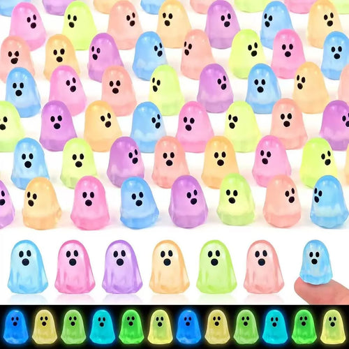 Assorted pastel glow-in-the-dark mini resin ghost figurines in seven colors