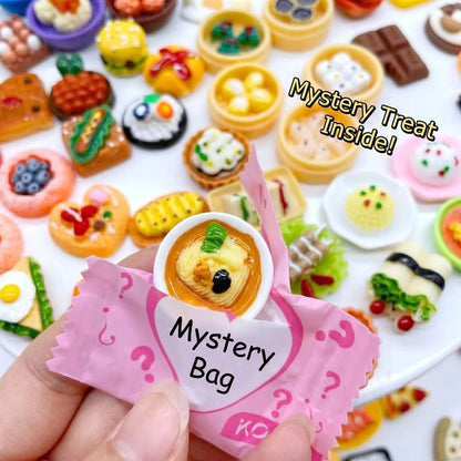 Pink mystery food bag revealing a miniature noodle bowl collectible