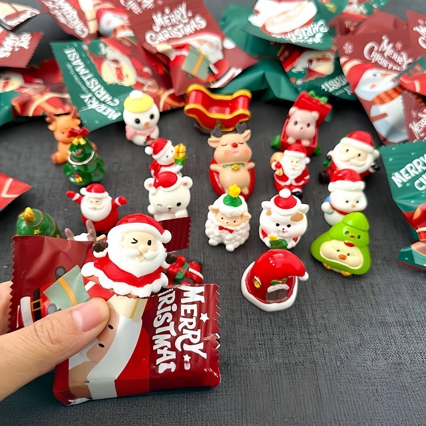 Santa figure revealed from a red and green Christmas blind bag
