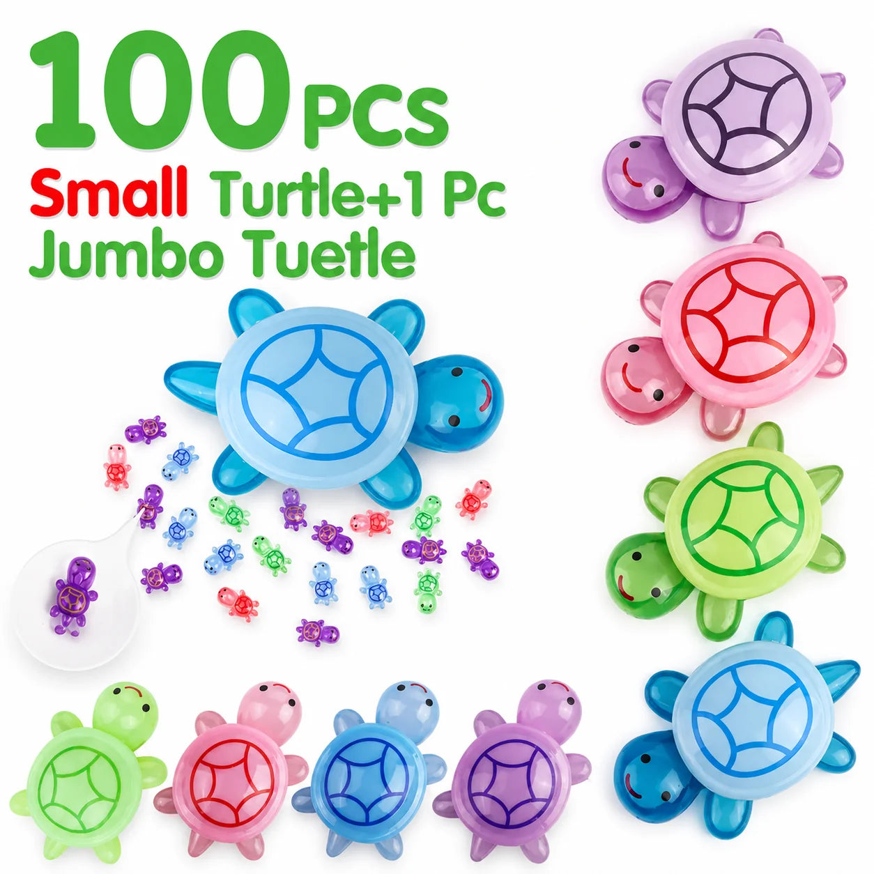 100-piece glow-in-the-dark mini turtle set with one jumbo turtle container