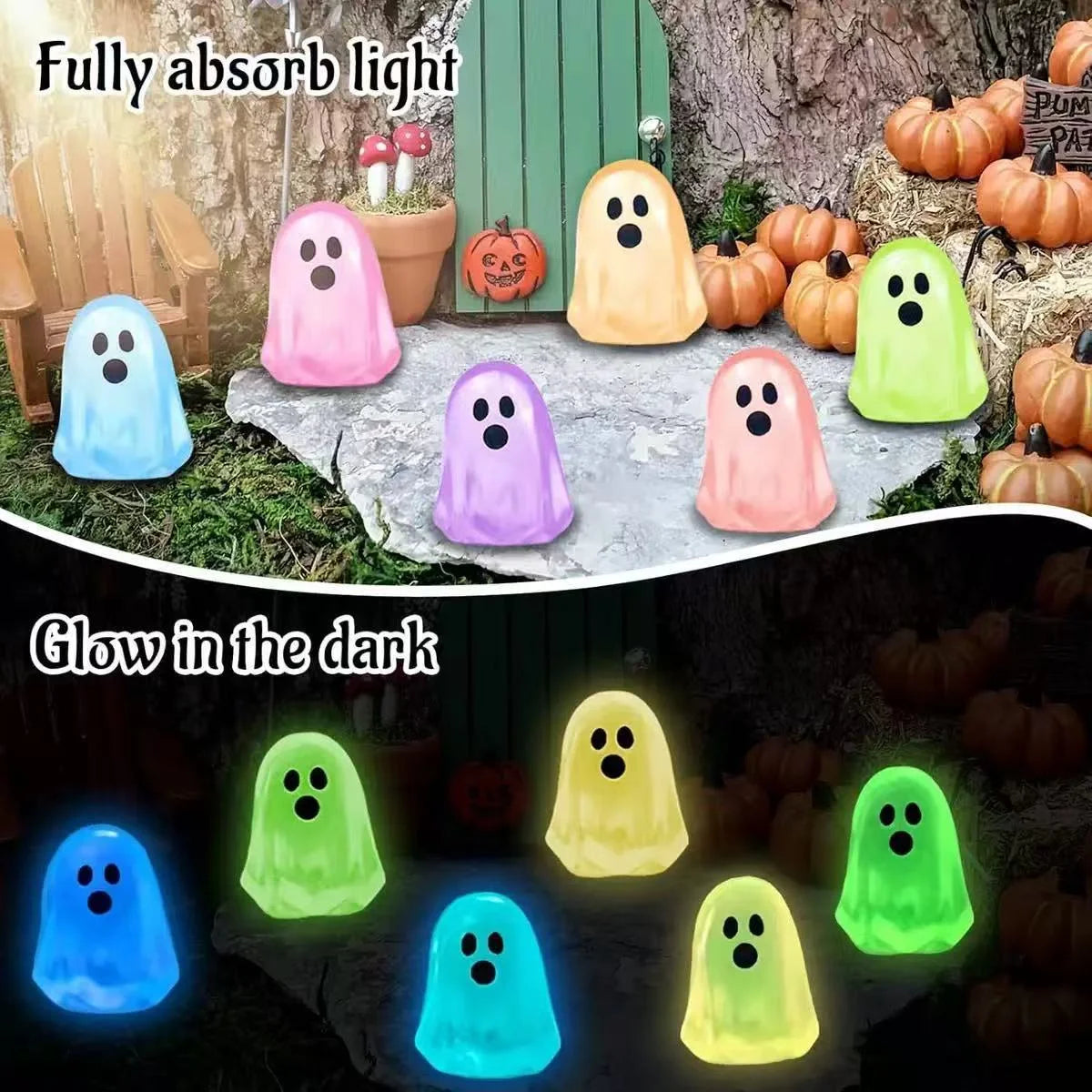 Mini resin ghost figures shown in daylight and glowing blue, green and yellow at night