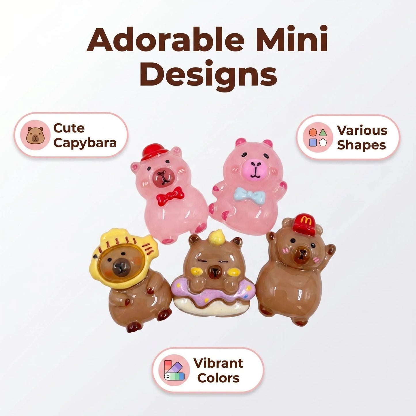 Five cute capybara resin flat charms in assorted shapes and vibrant colors