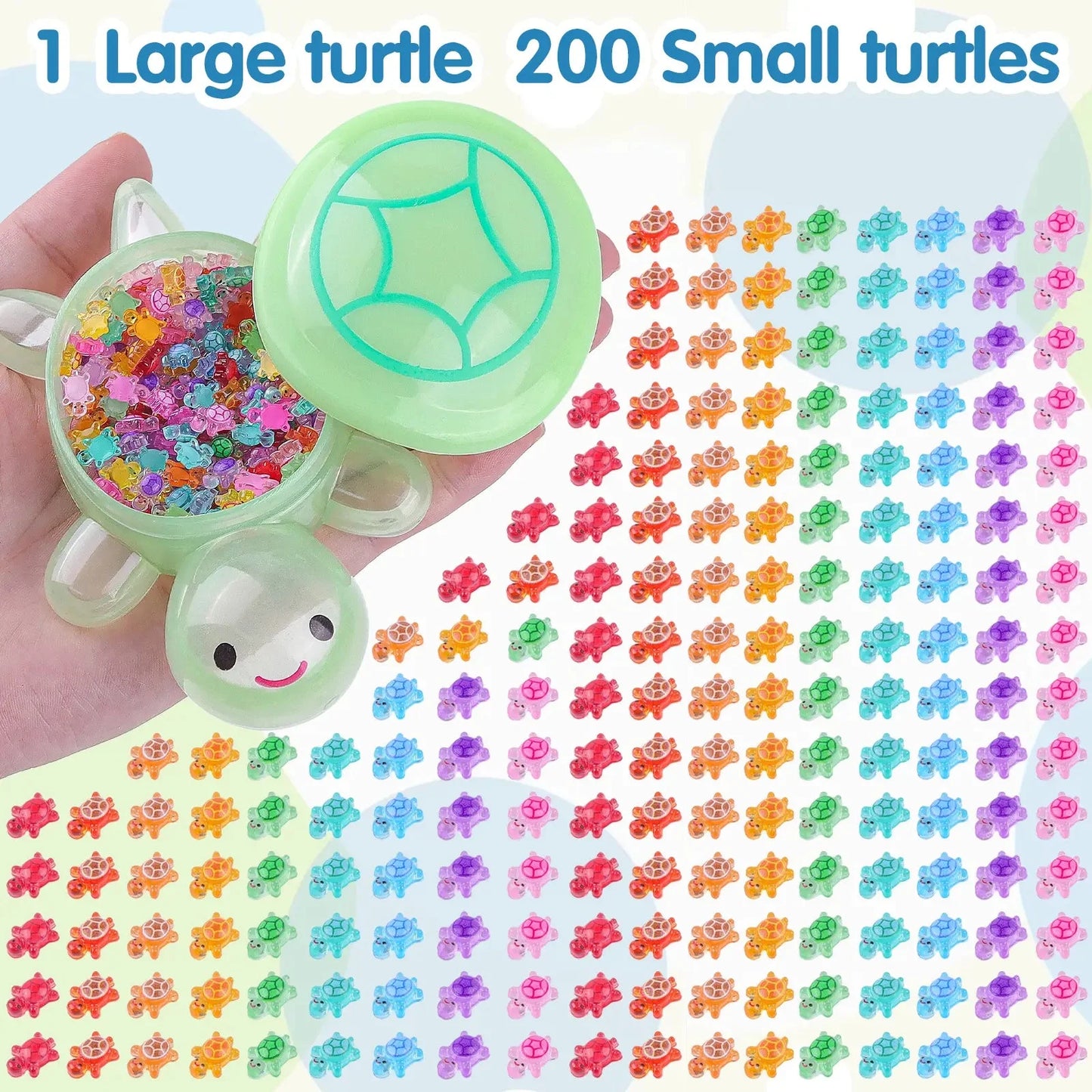 One large turtle container with 200 assorted small glow turtle figures
