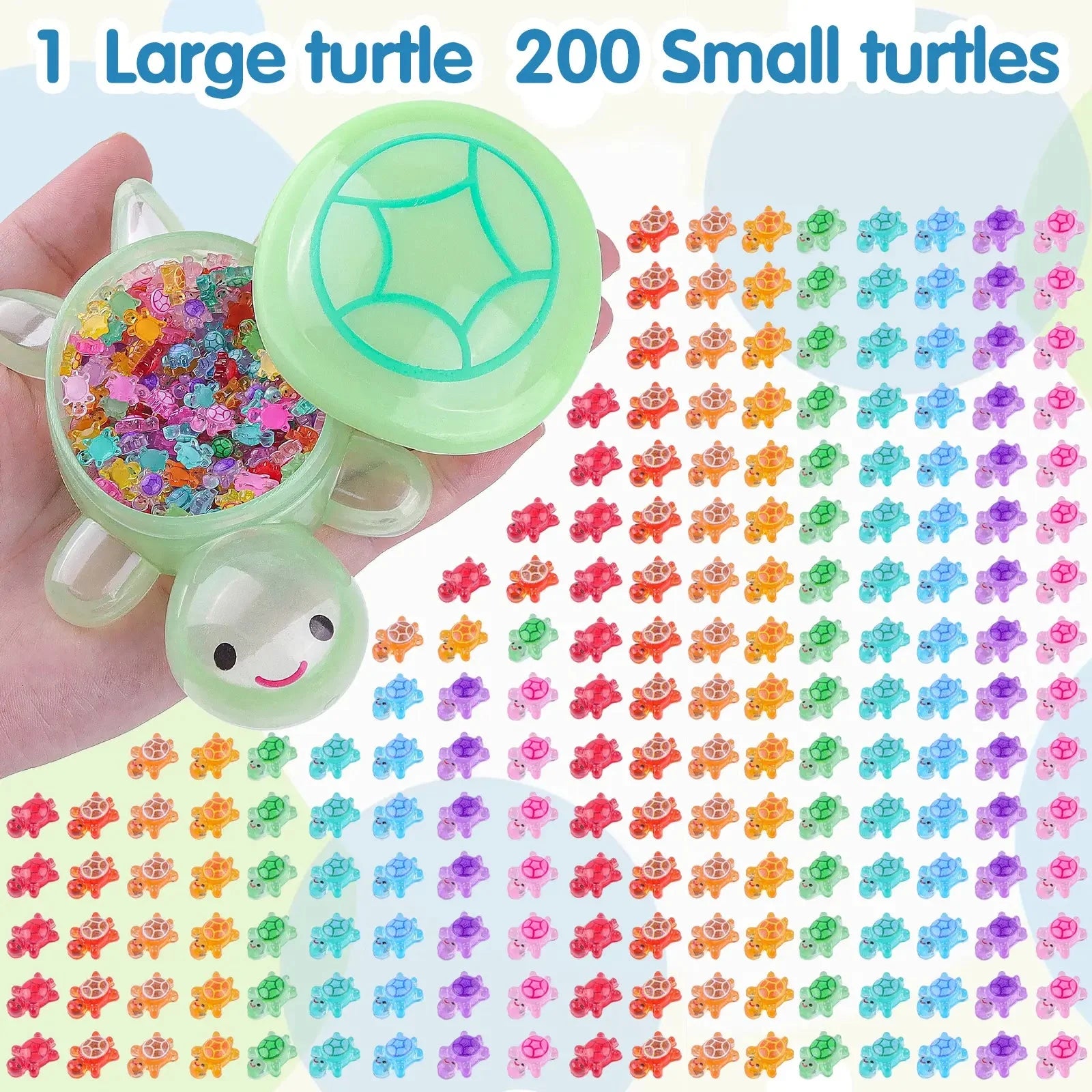 One large turtle container with 200 assorted small glow turtle figures