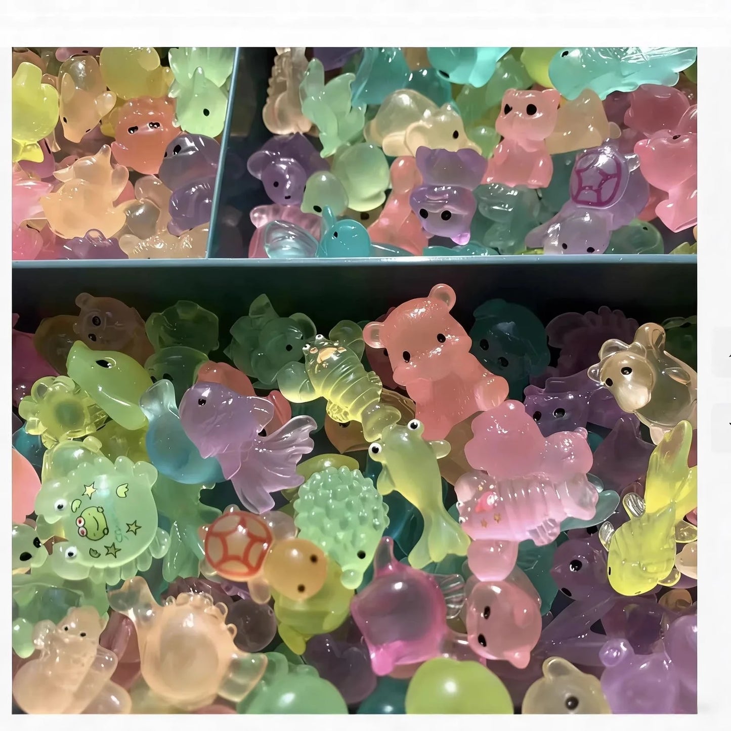 Glow-in-the-dark mini resin animal figures shown in daylight and at night