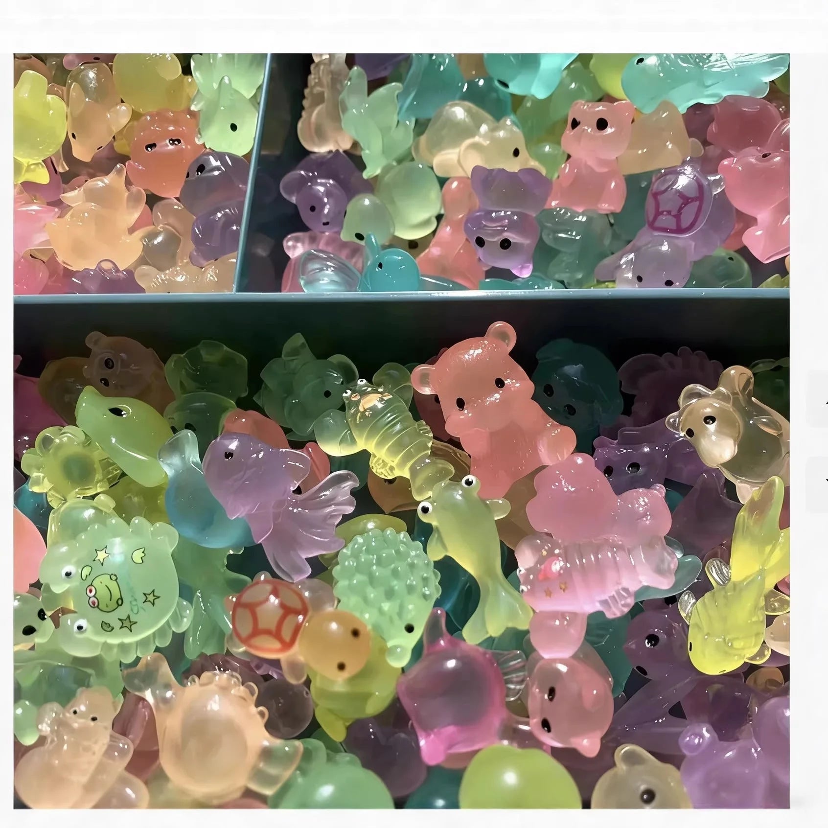 Glow-in-the-dark mini resin animal figures shown in daylight and at night