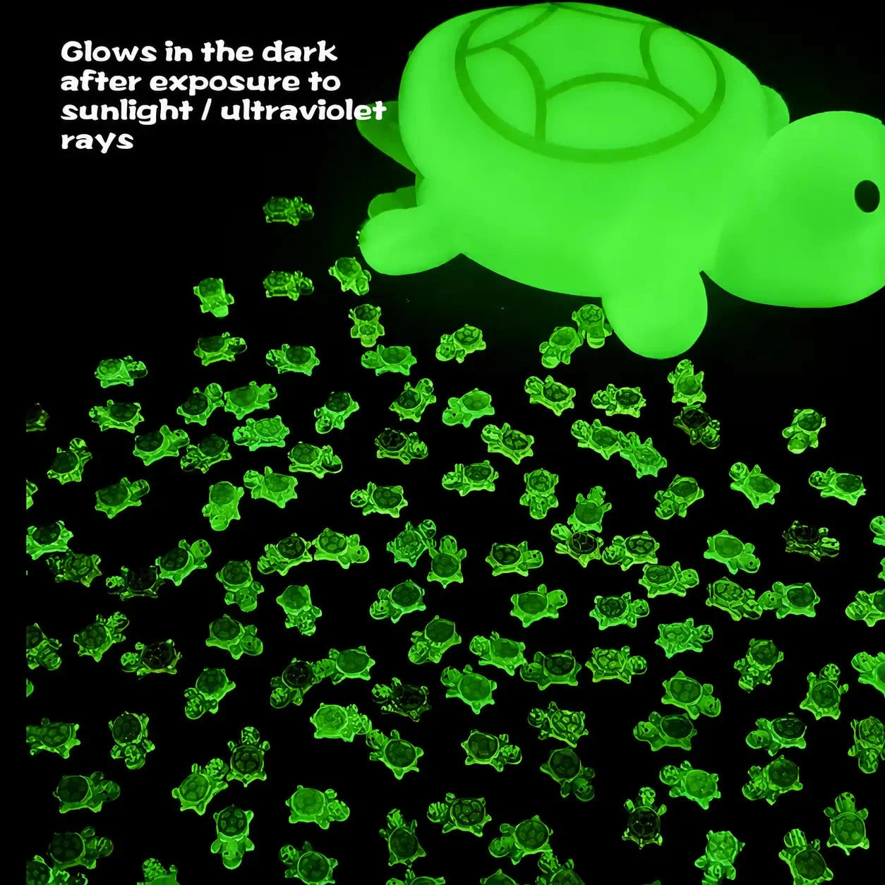 Jumbo and mini turtle figures glowing bright green in the dark