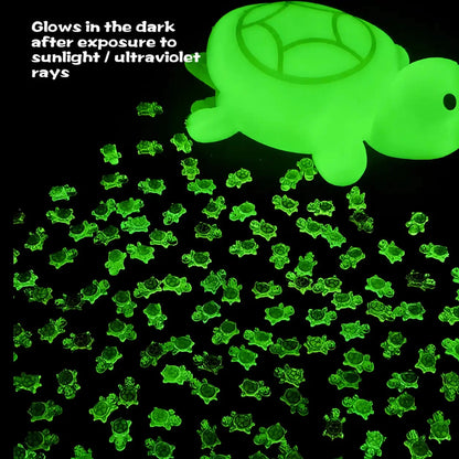 Jumbo and mini turtle figures glowing bright green in the dark