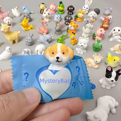 Cute dog figure emerging from a blue mini zoo and pet mystery bag