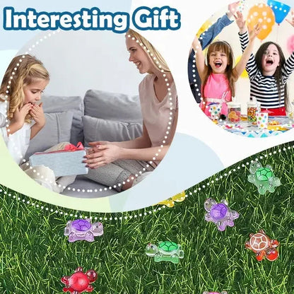 Children using colorful glow-in-the-dark mini turtles for fairy garden crafts