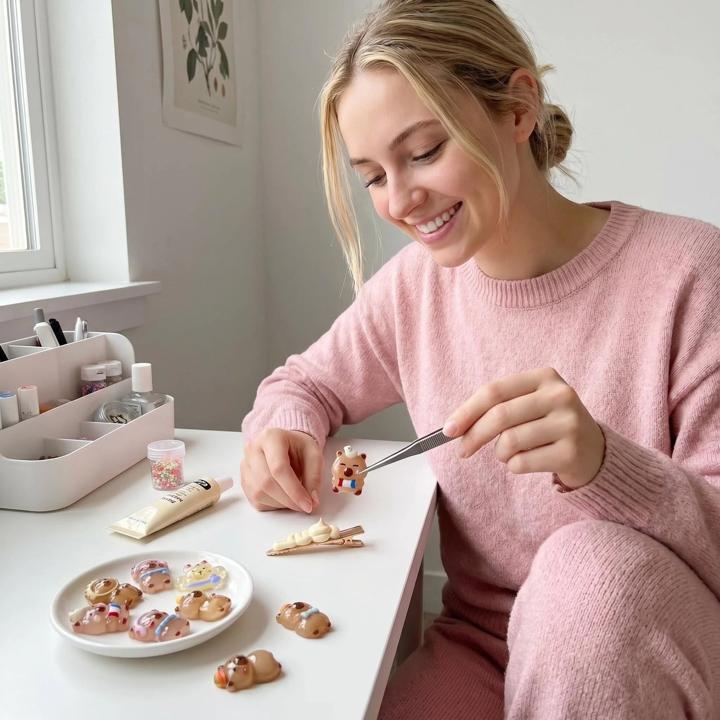 Woman creating DIY accessories with miniature capybara resin charms