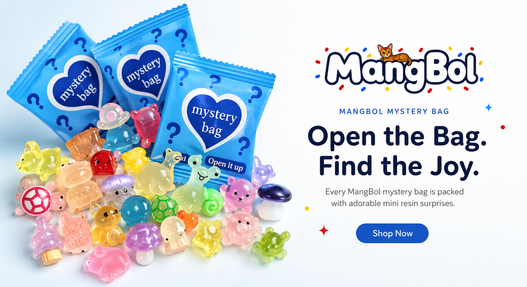 MangBol mystery bags with colorful mini resin surprises on the homepage hero banner