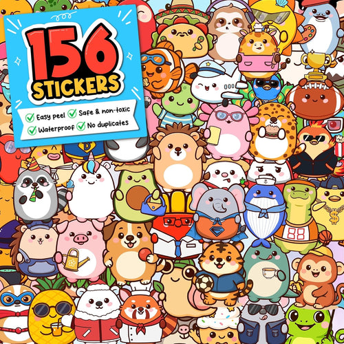 Pocket Pals by Puraesla – 156PCS Cute Animal Stickers for Kids, Waterproof Vinyl Water Bottle Stickers, Self-Adhesive P…
