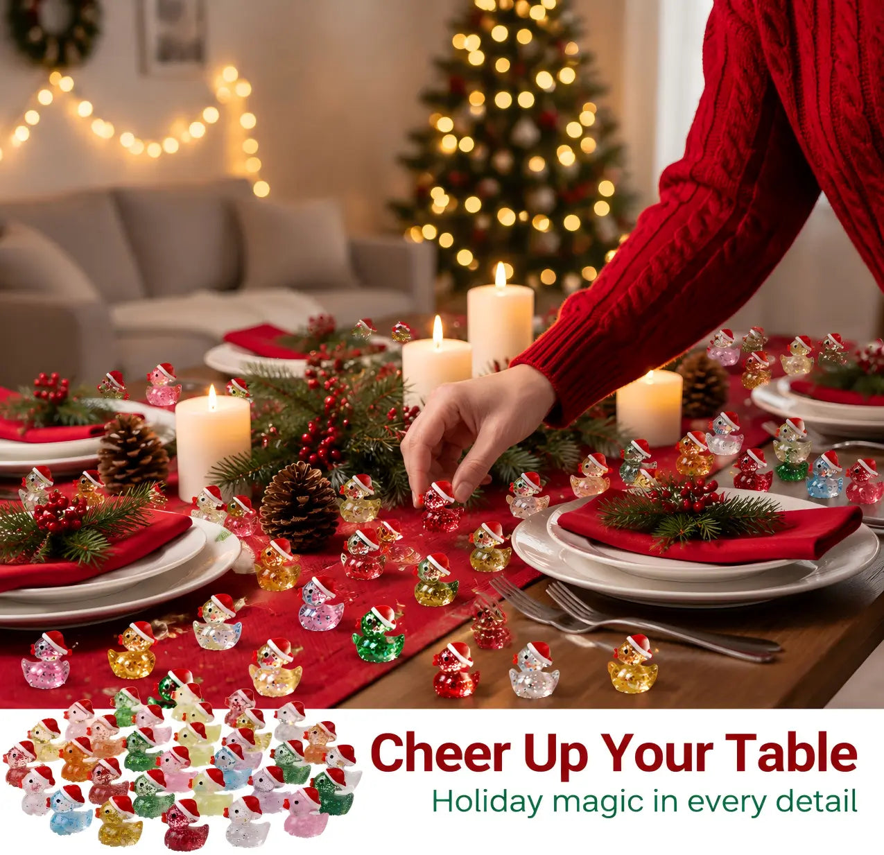 Glitter duck miniatures decorating a holiday table